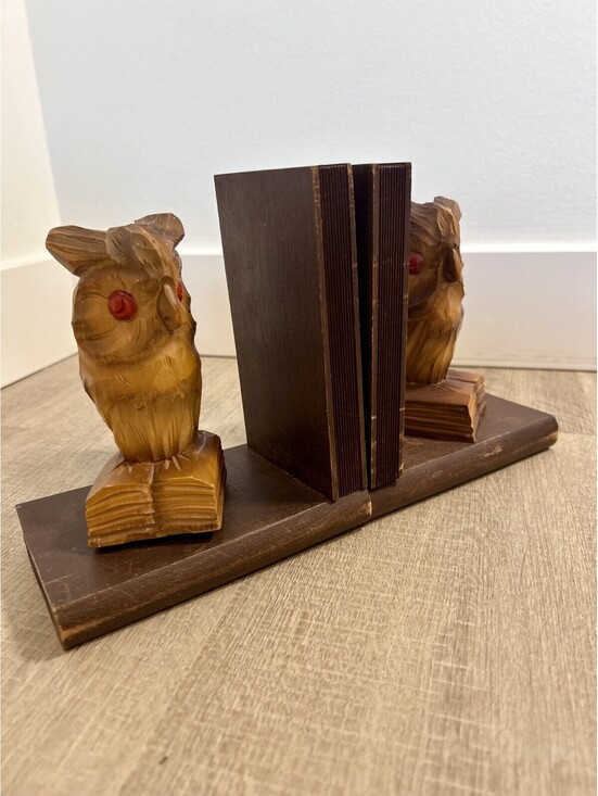 Other - Vintage Hand Carved Wood Owl Bookends Pair MCM Red Eyes Owl